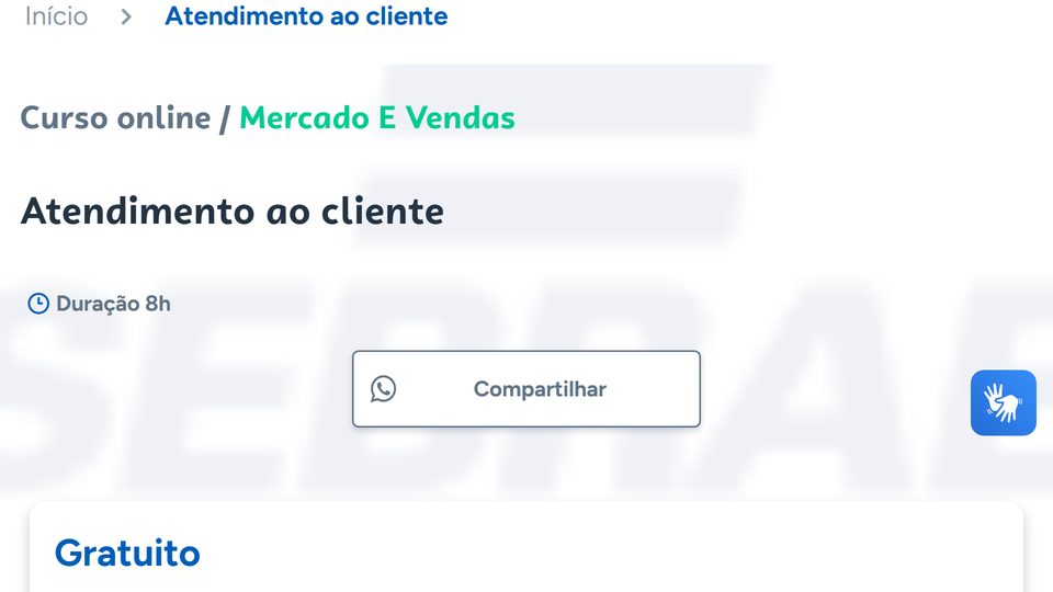 Página do curso Atendimento ao cliente